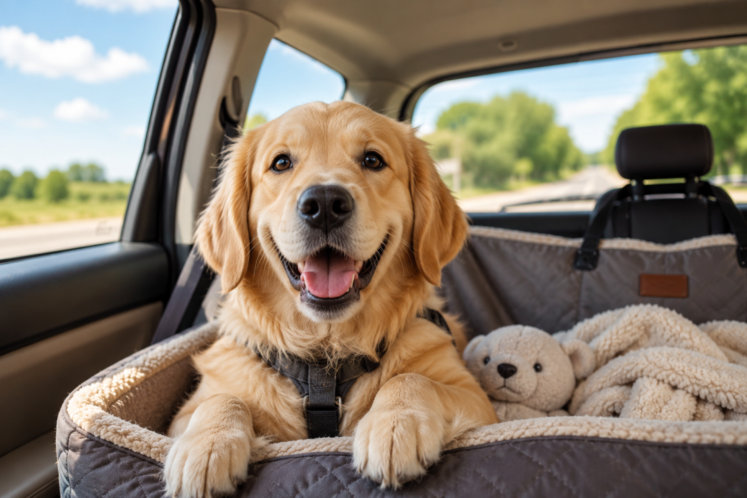 dog traveling safely in car
